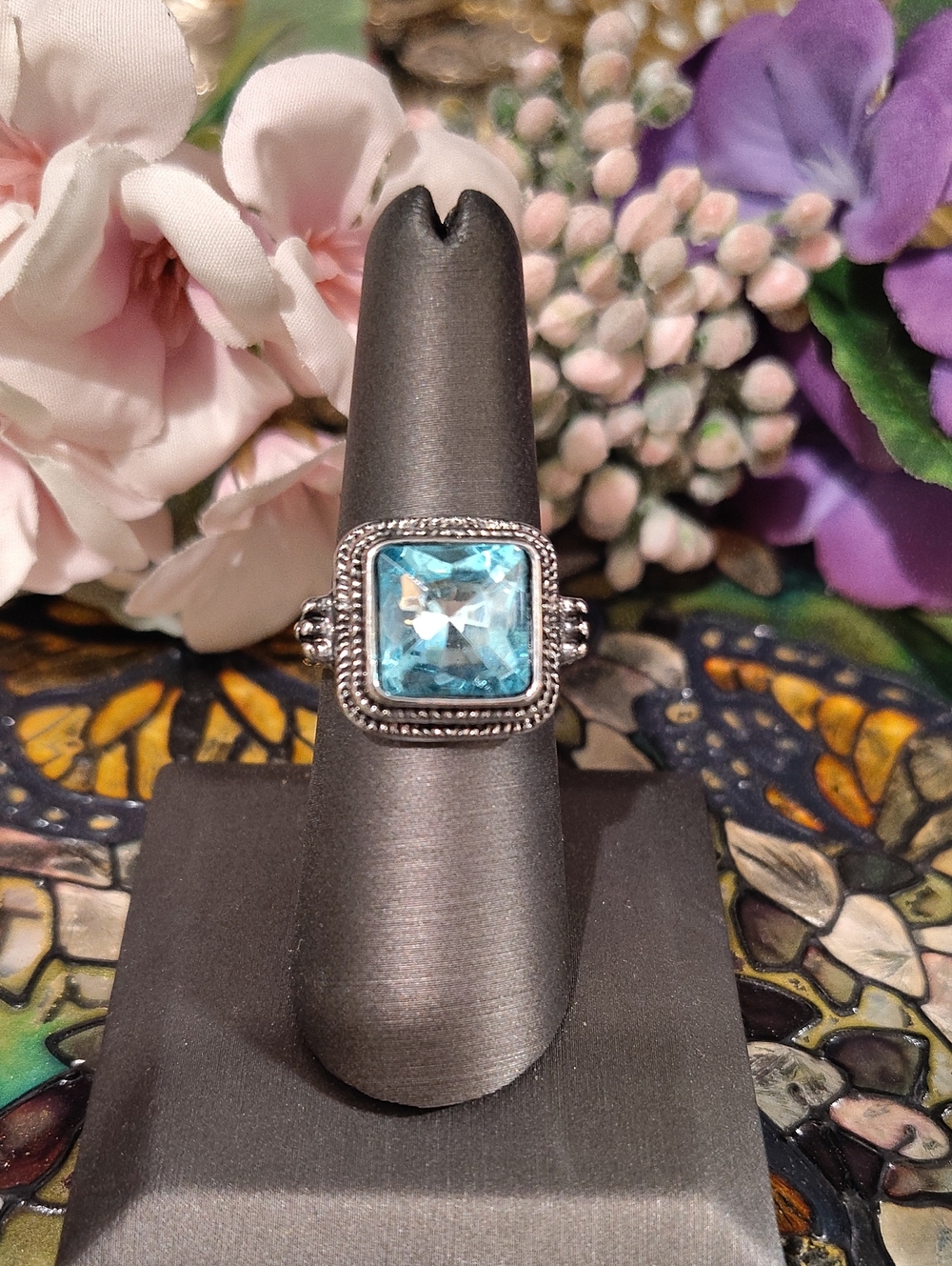 Vintage Style Square Aquamarine Faux Fashion Ring - Size 7